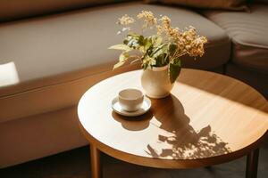 ai generiert ein Kaffee Tabelle im ein Leben Zimmer, Aussicht von über. generativ ai foto