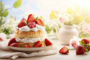 ai generiert Erdbeere Shortcake mit Tulpen zu das Seite. ein Frühling Essen Konzept auf Licht sonnig Hintergrund. generativ ai foto