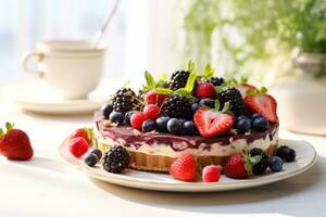 ai generiert gemischt Beere Käsekuchen Torte mit Schokolade auf Licht sonnig Hintergrund. generativ ai foto