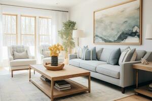 ai generiert Leben Zimmer im ein skandinavisch Stil mit neutral Dekor, minimalistisch Innere Stil. generativ ai foto