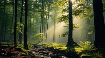 ai generiert schön Natur beim Morgen im das neblig Frühling Wald mit Sonne foto