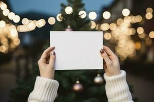ai generiert zart Hände von ein stilvoll Frau halten ein klein, leer, Weiß Blatt gegen zauberhaft Hintergrund von ein Weihnachten Baum foto