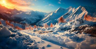 ai generiert schneebedeckt alpin Berge, schön Winter Landschaft, Panorama - - ai generiert Bild foto