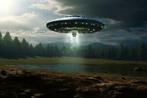 ai generiert UFO im das Wald mit ein fliegend Außerirdischer, Außerirdischer UFO uap Entführung, ai generiert foto