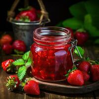 ai generiert appetitlich frisch Erdbeeren und Erdbeere Marmelade auf ein hölzern Tisch. Erdbeere Marmelade im ein Glas Krug mit frisch Beeren und Minze auf ein dunkel Hintergrund. foto