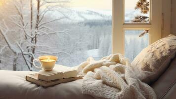 ai generiert Winter ästhetisch Morgen, warm strickt, Buch, und ein Fenster Aussicht von schneebedeckt Landschaften foto