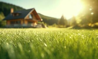 ai generiert Grün Gras im das Feld mit ein Haus im das Hintergrund foto