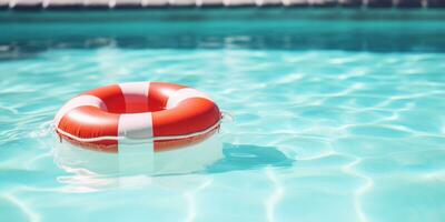 ai generiert rot aufblasbar schwimmen Ring schwebend im ein Blau Schwimmbad foto