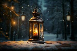 ai generiert Verbrennung glühend Laterne im Winter Schnee schön Winter Hintergrund ai generiert foto
