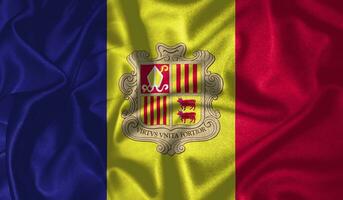 Andorra Flagge winken flattern im das Wind mit realistisch Textur Stoff Seide Satin- Hintergrund foto