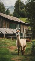 ai generiert umwerfend Landschaften Umarmen das Lama Theater auf das Bauernhof foto