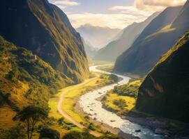 ai generiert bunt Landschaft mit Himalaya Berge schön geschwungen Fluss und Grün Wald foto