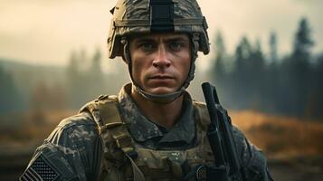 ai generiert Porträt von ein Soldat im ein Krieg foto