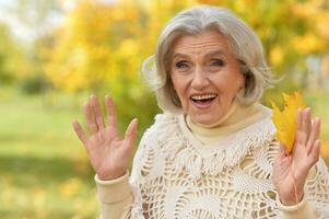 glücklich Senior Frau im das Herbst Park foto