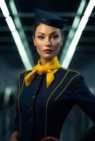 ai generiert ein weiblich Flug Begleiter tragen ein hell Gelb Jacke, präsentieren ein Sinn von Professionalität und Stil. sie erscheint zu Sein posieren zum ein Werbung Bild, Darstellen das Fluggesellschaft Unternehmen. foto