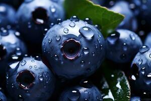 ai generiert Makro von reif Blaubeeren bedeckt mit Wasser Tropfen foto