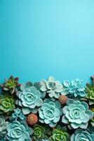ai generiert Vertikale Bild saftig Rahmen auf Blau Hintergrund oben Sicht, schön Blumen- Vorlage mit Kopieren Raum foto