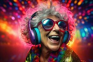 ai generiert ein cool und stilvoll Alten Frau im groß Kopfhörer und Sonnenbrille im ein Rave Verein unter das Party Beleuchtung foto
