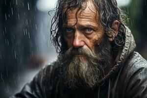 ai generiert Porträt von Alten traurig obdachlos Mann im das Regen im das Stadt auf verschwommen Hintergrund foto