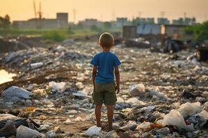 ai generiert wenig Junge Stehen auf ein Haufen von Müll beim ein Stadt Dump suchen zu ein verschwommen Stadt Hintergrund. foto