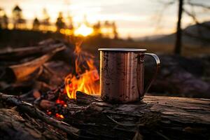 ai generiert alt Metall Becher auf Hintergrund von ein Lagerfeuer foto