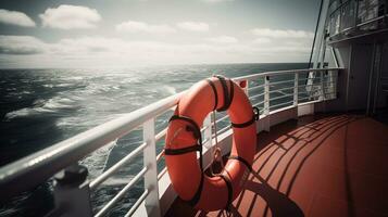 ai generiert Orange aufblasbar Rettungsring auf Schiff foto