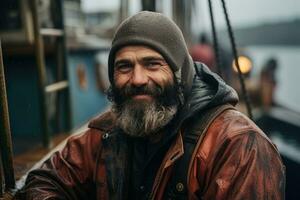 ai generiert lächelnd Mitte alt Matrose Fischer im ein Hut auf ein verschwommen Hintergrund von das Deck von ein alt Schiff foto