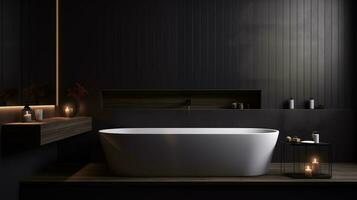 ai generiert ein dunkel minimalistisch Badezimmer mit ein glatt Badezimmer foto