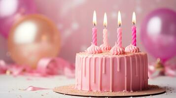 ai generiert Geburtstag Cupcake mit Kerze und Rosa Dekoration foto