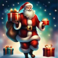 Santa claus Tragen ein Sack und halten ein Weihnachten Geschenk foto