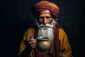 ai generiert ein alt Mann mit ein groß Bart und ein Turban, genießen ein trinken von ein Tasse foto