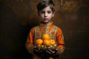 ai generiert das wenig indisch Junge mit ein Korb von Obst foto