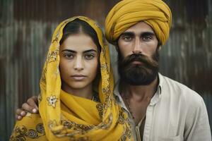 ai generiert schön jung Frau und Mann tragen traditionell indisch Kleidung foto