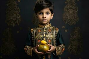 ai generiert ein jung indisch Junge im traditionell Kleidung foto