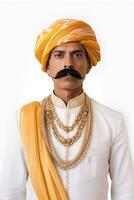 ai generiert kulturell indisch Mann mit Schnurrbart und Bart tragen traditionell Gelb und Orange Kleider und Halsketten foto