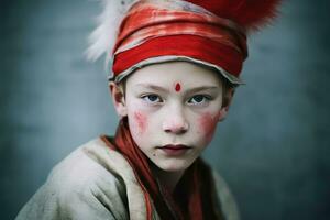 ai generiert das mysteriös Krieger - - ein jung Junge mit gemalt Gesichter und Blut foto