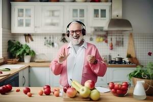 ai generiert ein glücklich Alten Mann hört zu zu Musik- auf Kopfhörer im ein hell Küche Nächster zu ein Tabelle mit frisch Tomaten auf Es. das Konzept von ein gesund Lebensstil im Erwachsensein foto