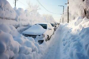 ai generiert Autos sind Stehen im ein Reihe, dicht bedeckt mit Schnee nach ein Schnee Sturm. foto