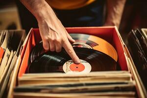 ai generiert ein Mann nimmt ein Vinyl Aufzeichnung von ein Kasten. Hände schließen hoch. Konzept von Hören zu Musik- zusammen im Vinyl und Audio- Riegel foto