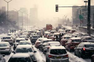 ai generiert viele Autos sind stecken im ein der Verkehr Marmelade auf ein schneebedeckt Straße nach ein Schnee Sturm foto