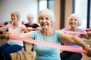 ai generiert ein Gruppe von Alten Frauen mit grau Haar im Sportbekleidung sind Ausbildung im ein Fitness Studio mit ein Expander foto