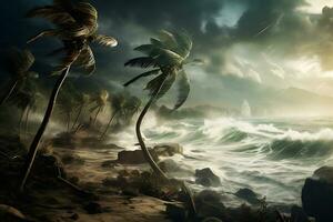 ai generiert Hurrikan weht Weg Palme Bäume auf das Ozean Küste. foto