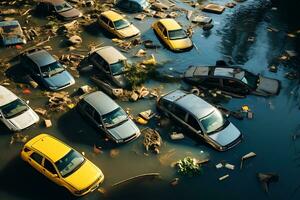 ai generiert Autos im das Parkplatz Menge sind im Wasser fällig zu Überschwemmung. Antenne Aussicht foto