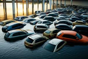 ai generiert Autos im das Parkplatz Menge sind im Wasser fällig zu Überschwemmung. Antenne Aussicht foto