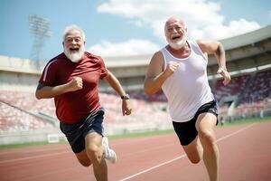 ai generiert zwei Alten Männer mit grau Haar im Sportbekleidung Lauf durch das Stadion im sonnig Wetter foto