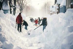 ai generiert Menschen ging aus mit Schaufeln zu klar das Straße von Schnee nach ein Schneesturm foto