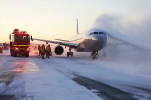 ai generiert ein kommerziell Jet Flugzeug kann nicht nehmen aus auf ein Einfrieren Winter Abend fällig zu Einfrieren. Rettung Mannschaft Arbeiten auf das Runway foto