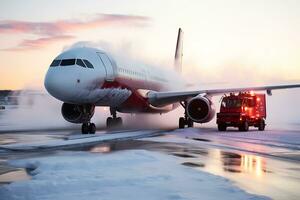 ai generiert ein kommerziell Jet Flugzeug ist unfähig zu nehmen aus auf ein Einfrieren Winter Abend fällig zu Einfrieren. foto