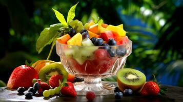 ai generiert Obst Salat im ein Glas Schüssel mit frisch Früchte und Beeren auf ein dunkel Hintergrund. foto