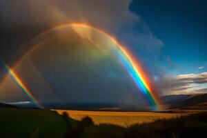 ai generiert ein Regenbogen erscheint Über ein Feld mit Gras und Hügel foto